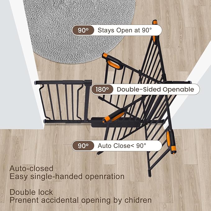 owlie 37.4" Extra Tall Wide Baby Gate for Stairs Doorways,57-66 Inch Extra Large Long Baby Gate with Door Indoor Safety Metal Pressure Mounted Pet Gate with Walk-Thru Auto Close, Black