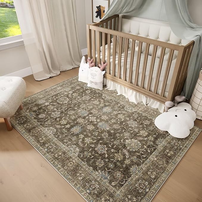 Washable 4x6 Rugs for Living Room, Boho Non-Slip Silicone Backing Small Rugs for Bedroom Nursery Office, 0.3" Neutral Oriental Throw Carpet with 0.16" Cushioning Pad, Flaxen/Multi