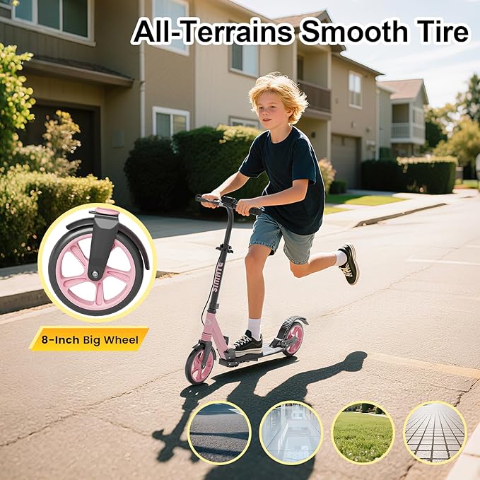 Kick Scooter for Kids Teens & Adults, 4 Adjustable Heights, 8IN All Terrain Big Wheels, Dual Brakes & Dual Suspension, Foldable and Lightweight, Gifts for Girls Boys