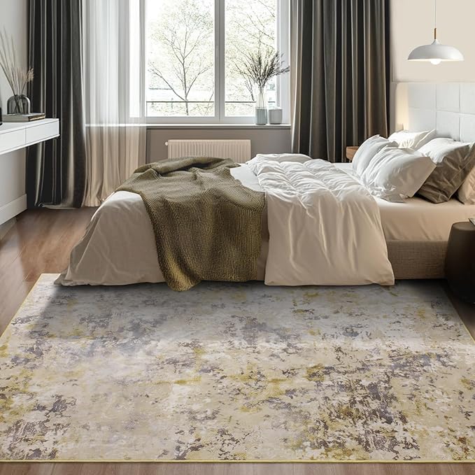 Kelarea Living Room Rug, Modern Abstract Washable Rugs Non Slip Faux Wool Vintage Rug, Non-Shedding Carpet for Living Room, Bedroom, Dining Room, Kids Playroom (Beige, 5' x 7' (Rectangular))