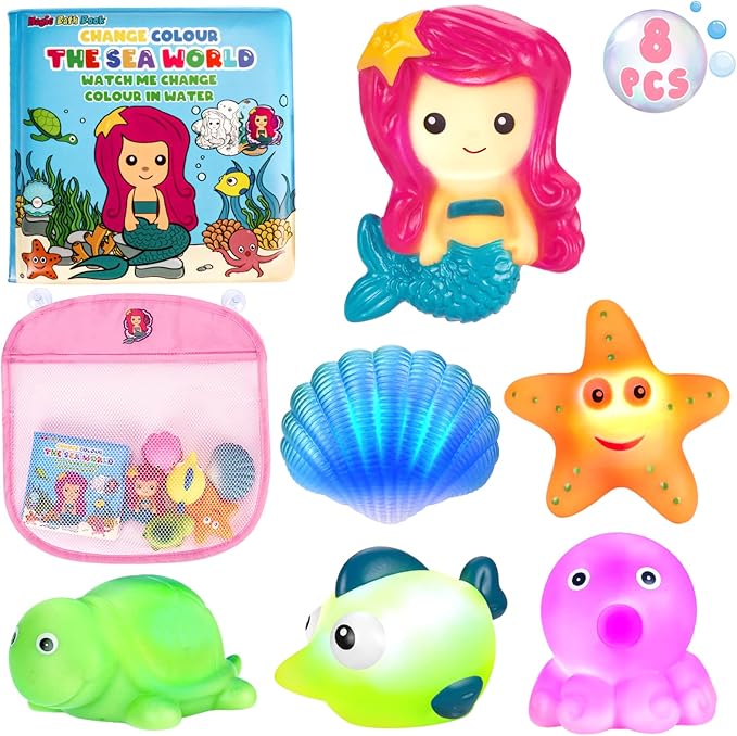 Light Up Bath Toys for Toddlers Kids Girls Baby, No Hole Glow Bath Toys with Bath Book & Organizer, Led Light Bath Time Water Toys for Bath Tubs Bathrooms Pool, Gift for Toddlers Girls Infants