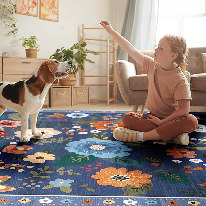 Floral 8x10 Area Rug Machine Washable Soft Print Boho Carpet Non Slip Doormat Low Pile Flower Area Rugs for Living Room Bedroom Nursery Kitchen Dining Room Indoor-Blue/Grey
