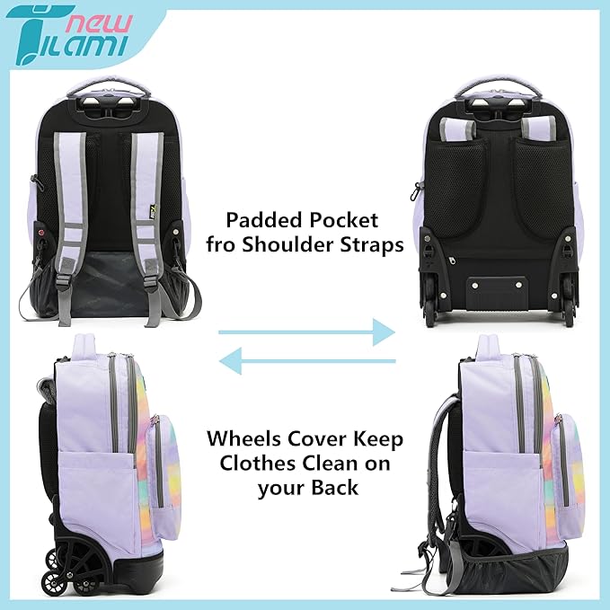 NEW TILAMI 18 inch Rolling Backpack for Kids – Waterproof, Stair-Climbing, Adjustable Handle, Variety of Colors & Patterns for School, Mood Map