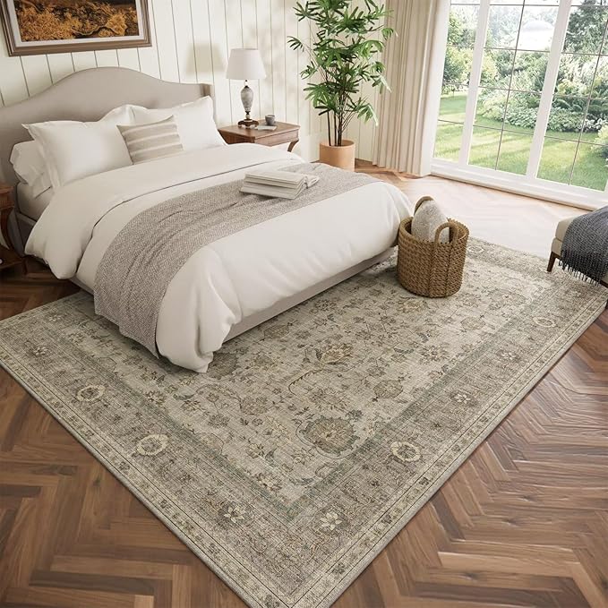 Washable 6x9 Area Rugs for Living Room, BoHo Non-slip Silicone Backing Large Rug for Bedroom Dining Room Nursery Office, 0.3" Neutral Oriental Throw Carpet with 0.16" Cushioning Pad, Light Brown/Multi