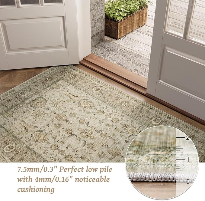 Washable 5x7 Area Rugs for Living Room, Boho Non-Slip Silicone Backing Rugs for Bedroom Dining Room Nursery Office, 0.3" Neutral Oriental Throw Carpet with 0.16" Cushioning Pad, Light Brown/Multi