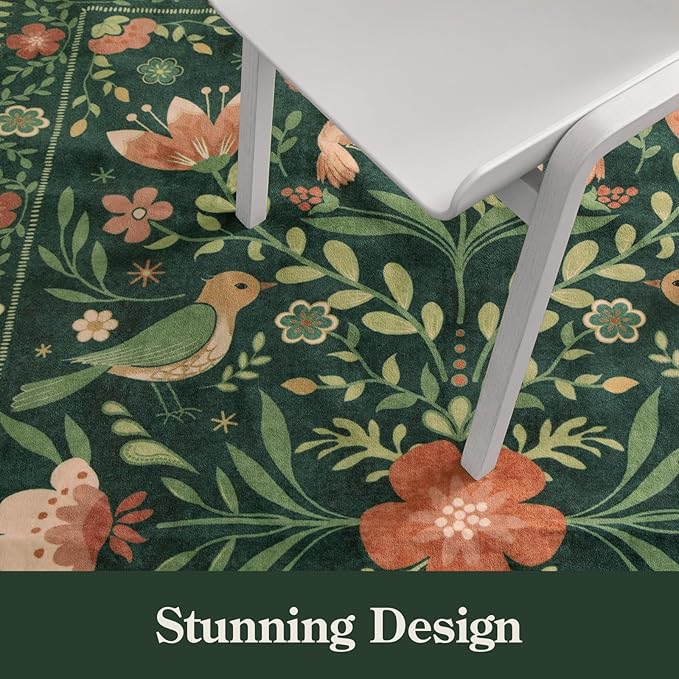 Moynesa Boho Bird Washable Rug, 3x5 Ultra-Thin Dark Green Kitchen Rugs Non-Slip, Stain Resistant, Low Pile, Indoor Small Living Room Throw Carpet for Entryway Bathroom Office Bedroom