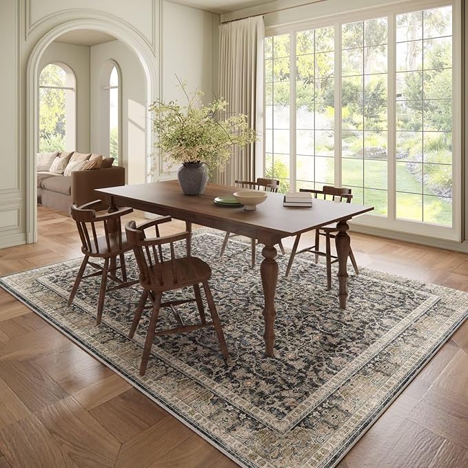 Washable 6x9 Area Rugs for Living Room, Boho Non-Slip Silicone Backing Large Rugs for Bedroom Dining Room Nursery Office, 0.3" Neutral Oriental Throw Carpet with 0.16" Cushioning Pad, Black/Multi