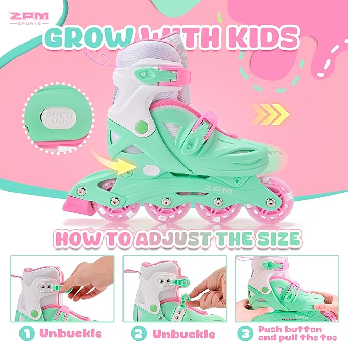 2PM SPORTS Inline Skates with Light Up Wheels, Roller Skates Blades for Boys Girls Kids Ages 5-8 8-12 4-6 6-12, Size Adjustable Beginner Blades Roller Skates
