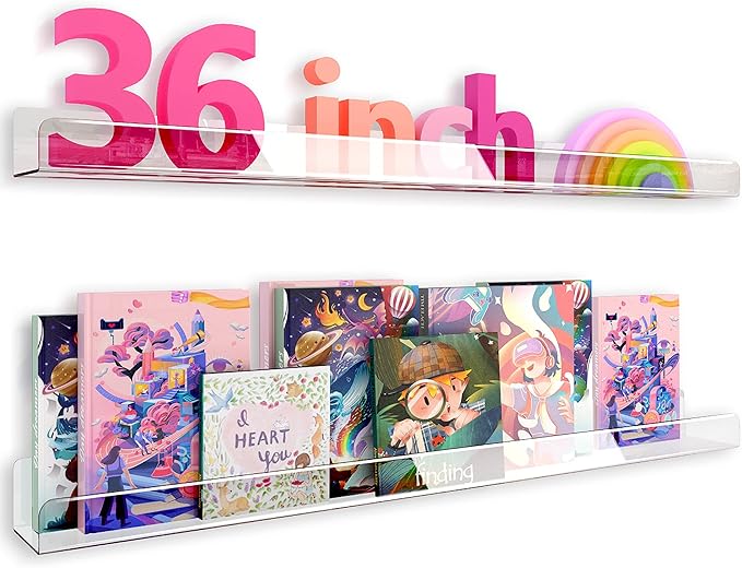 36 Inch 50% Thicker Clear Acrylic Book Shelves, Invisible Kids Wall Bookshelves for Baby Storage Book Rack, Toy Organizer, Book Display, Playroom, Bedroom, Toddler Room, Nursery 2 Packs