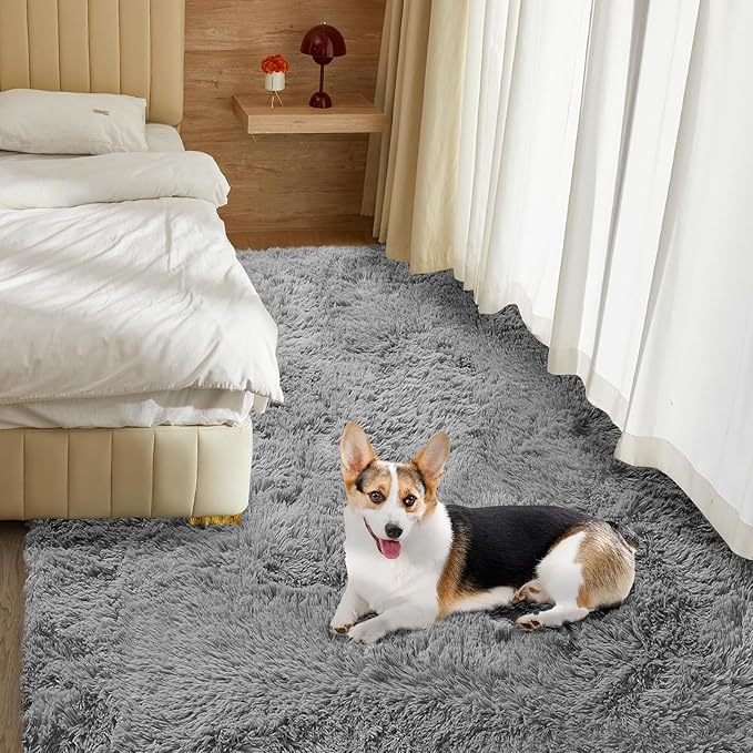 5X8 Ultra Soft Rug for Living Room, 5X8 Fluffy Shag Area Rug for Bedroom, Modern Shaggy Carpets Fuzzy Rug for Teens Dorm Nursery Home Decor Aesthetic, Upgrade Anti-Skid Durable, Grey