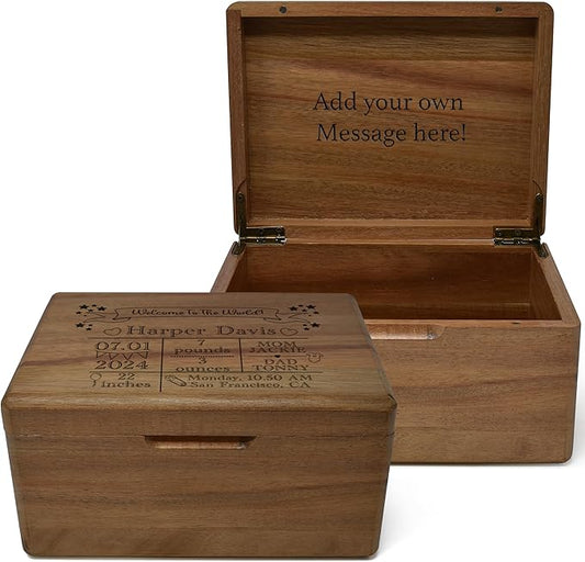 Baby Keepsake Box - Personalized Newborn Memory Box, Acacia Wood Decorative Boxes for Kids, Engraved Birth Stats Wooden Crate for Boys & Girls, Birth Statistics Wooden Chest with Hinged Lid, 8x6x4 in