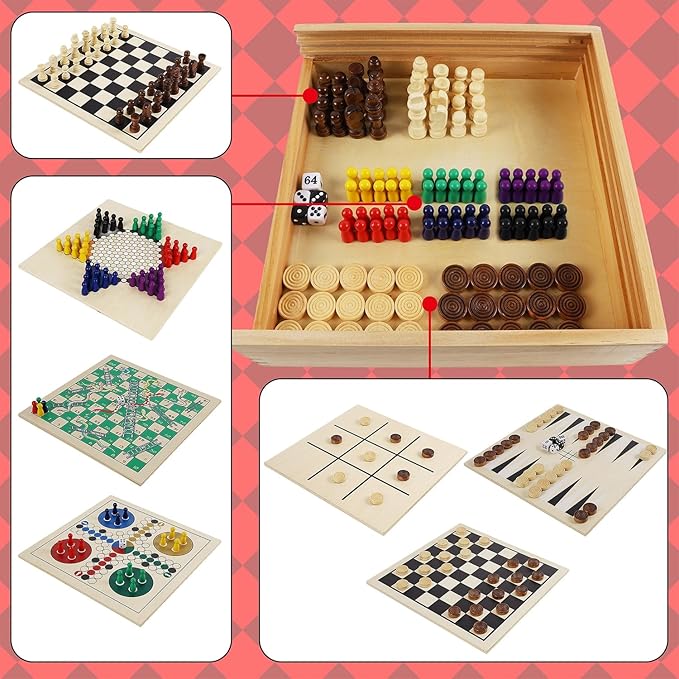 Juegoal 7-in-1 Wooden Board Game Set for Kids Adults, Tabletop Combo Classic Travel Portable Board Games (Chess, Checkers, Chinese Checkers, Backgammon, Parcheesi, Snakes and Ladders, Tic Tac Toe)