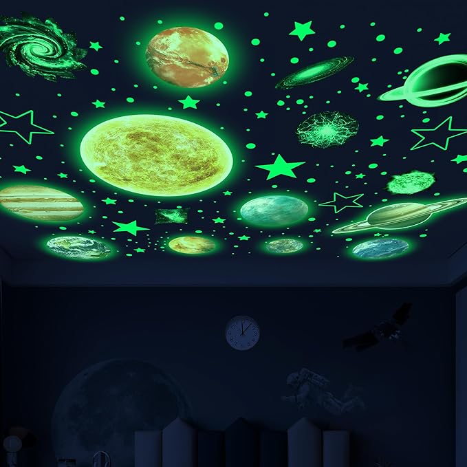 Glow in The Dark Stars and Planets for Ceiling, Glow Solar System Wall Stickers, Space Wall Decals for Kids Boys Room (Green)