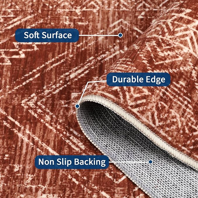 COZYLOOM 6x9 Washable Rug Modern Indoor Area Rug for Living Room or Bedroom Softness Foldable Mat for Easy Storage Abstract Geometric Design Non Slip Rug Low Pile Stain Resistant Carpet, Brick Red