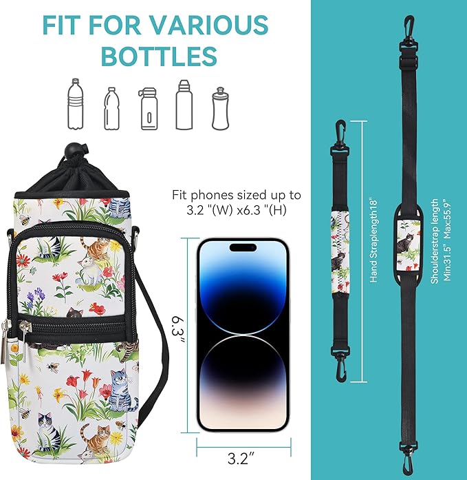 25/32/40/64oz Water Bottle Bag Holder Carrier-Insulated Crossbody Sling Case Sleeve with Strap & Pockets for Men Women Gym Cycling Travel Walking Hiking Camping