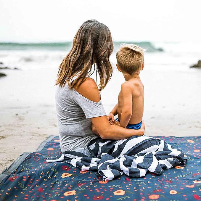 Little Unicorn 5'x10' XL Outdoor Family Picnic & Beach Blanket | Durable & Water-Resistant Fabric | Compact Fold & Easily Wipes Clean | Zipper Pocket (Midnight Poppy)
