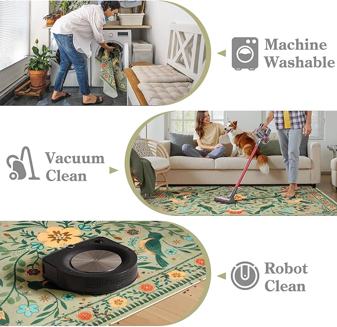 Moynesa Boho Area Rugs 5x7, Ultra Thin Soft Washable Rugs for Living Room Bedroom Non Slip, Stain Resistant, Indoor Bird Patterned Sage Green Large Carpet for Kitchen Entryway Office