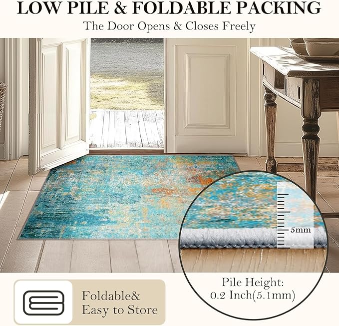 Washable Area Rugs 6ft Non-Slip Modern Abstract Soft for Living Room Entryway Bedroom Nursery, Print Pattern, Teal Blue Green Orange Rust Red Colorful