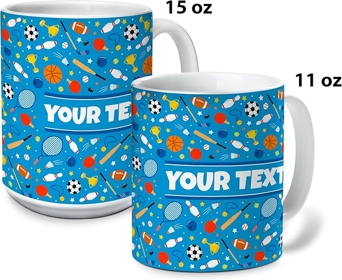 Personalized Mug for Kids - Sports - Custom Name/Text, Ceramic Hot Chocolate/Cocoa/Coffee Cup for Boys/Girls, Birthday/Christmas/Holiday Gift - 15 oz, Red Handle