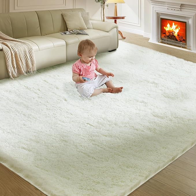 Ultra Soft Rug for Living Room, 9X12 Fluffy Shag Area Rug for Bedroom, Modern Shaggy Carpets Fuzzy Rug for Teens Dorm Nursery Home Decor Aesthetic, Upgrade Anti-Skid Durable, Cream White