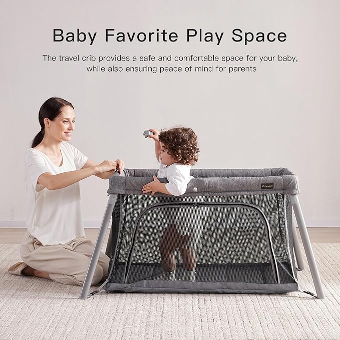 2 in 1 Portable Travel Crib for Toddler, Foldable Crib for Baby, Lightweight Playpen Collapsible Playard with Soft Mattress, Easy to Carry Baby Travel Bed for Outdoor, Indoor (Grey)