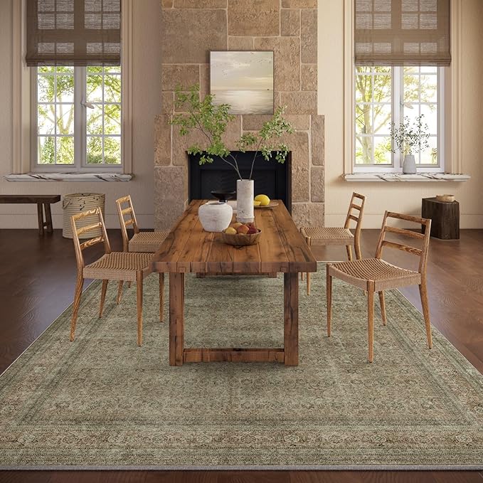 Washable Area Rugs for Living Room: 8x10 Bedroom Rug Boho Vintage Rugs Stain Resistant Non Slip Low Pile Lightweight Soft Carpets for Dining Room Kitchen Nursery Kids Room Farmhouse Living Room