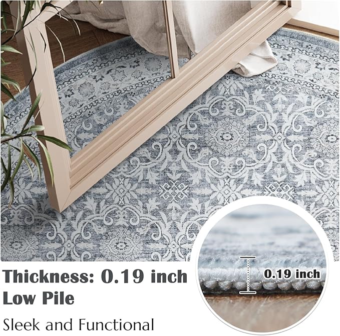 jinchan Round Rug 7ft Washable Circle Soft Rug - Low Pile Vintage 7'Round Indoor Grey Floral Print Stain Resistant Boho Carpet Ultra-Thin Non-Slip for Living Room Bedroom Dining Room Kitchen