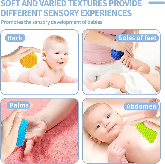 Soft Spiky Sensory Balls - Textured Geometric Shapes for Babies' Sensory Development, Massage Sensory Balls for Toddlers 1-3 Multicolor Bath Gifts Montessori Toys Baby Balls 6 to 12 Months