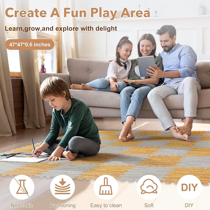 Skyweaver 12 Tiles Soft Non-Toxic Baby Play Mat for Floor EVA Foam Jigsaw Puzzle Play Mat, Interlocking Squares with 0.6inch for Babies, Toddlers & Kids Gym, Nursery, Playroom, Gray
