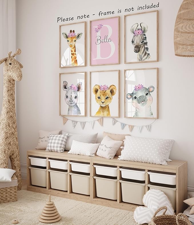 Personalized Safari Animals for Baby Girls Nursery, Set of 6 Unframed Poster Prints, Personalized Name Pink Lilac Floral, Girls Bedroom Decor, Elephant Giraffe (9x12)