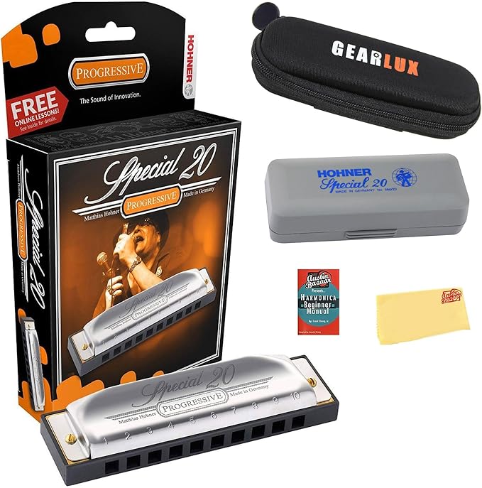 Hohner Special 20 Harmonica - Key of A Bundle with Case, Pouch, Online Manual, and Austin Bazaar Polishing Cloth