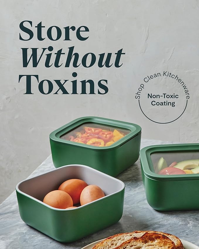 Caraway Glass Food Storage - 4.4 Cup Glass Container - Ceramic Coated Food Container - Non Toxic, Non Stick Lunch Box Container with Glass Lids - Dishwasher, Oven, & Microwave Safe - Gray