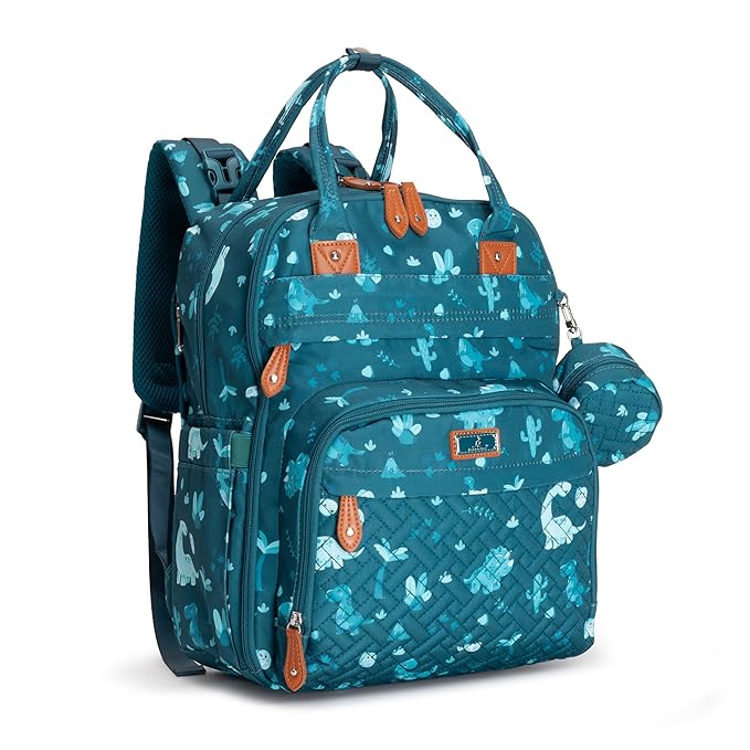 BabbleRoo Diaper Bag Backpack - Baby Essentials, Travel Essentials Baby Bag with Changing Pad, Stroller Straps & Pacifier Case - Unisex, Dino