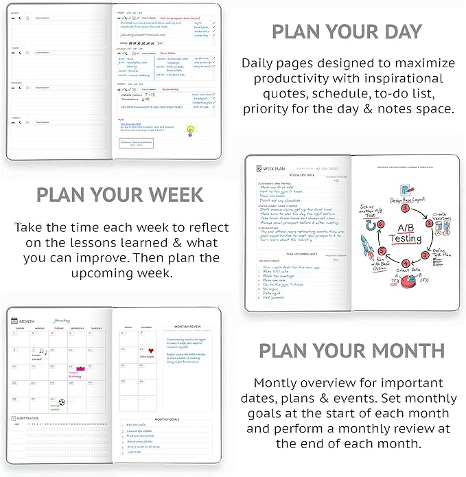 Undated Daily Planner – 1-Year B5 Productivity Organizer with Two-Page Weekly Spread, Goal Setting, Habit Tracker, Weekly & Monthly Pages – Hardcover Time Management Notebook (Gray)