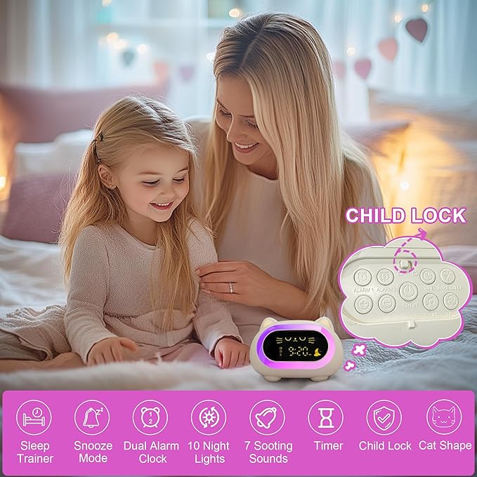 Honesorn Alarm Clock for Kids, Ok to Wake Clock for Kids, Cute Cat Kids Alarm Clock for Girls Boys Toddler, Kids Clock with 10 Night Lights, 7 Soothing Sounds, Auto-Off Timer, Child Lock, Cream White