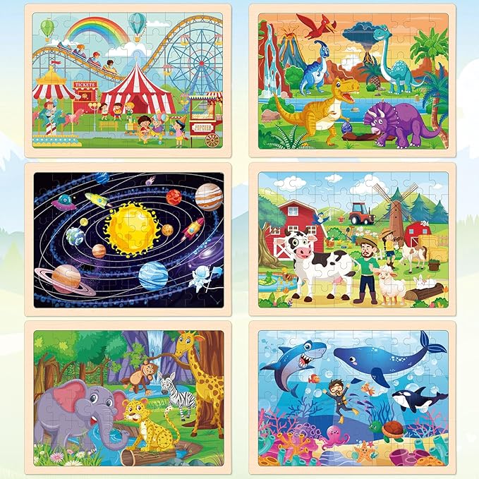 LACCHOUFEE 6 Pack Wooden Vehicle Puzzles for Kids Age 3 4 5 Year Old, 60 Pcs Montessori Toddler Animals Jigsaw Puzzles for Girl boy Activities Preschool Learning Birthday Gift Travel Autistic Toy