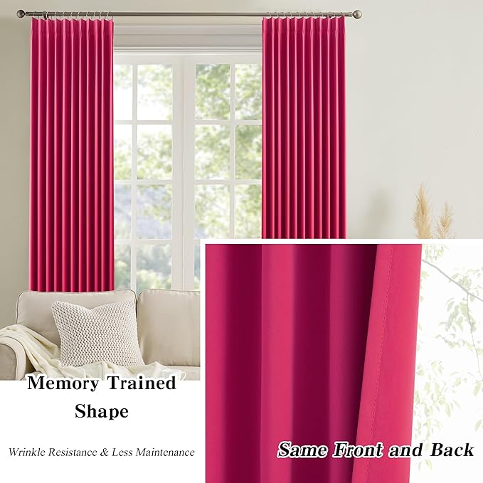 KEQIAOSUOCAI Pinch Pleated Hot Pink Blackout Curtains 63 Inches Long, Sound & Light Reducing Room Darkening Drape for Girl's Bedroom(Hot Pink, 2 Panels, W40 x L63)