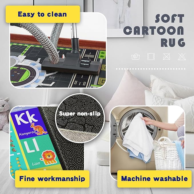Play Rug for Playroom 3x4 Airport Carpet for Boys Bedroom with Combined City Road Traffic System Aircraft Runway Playmat Rugs Carpet Non-Slip Washable Area Mat