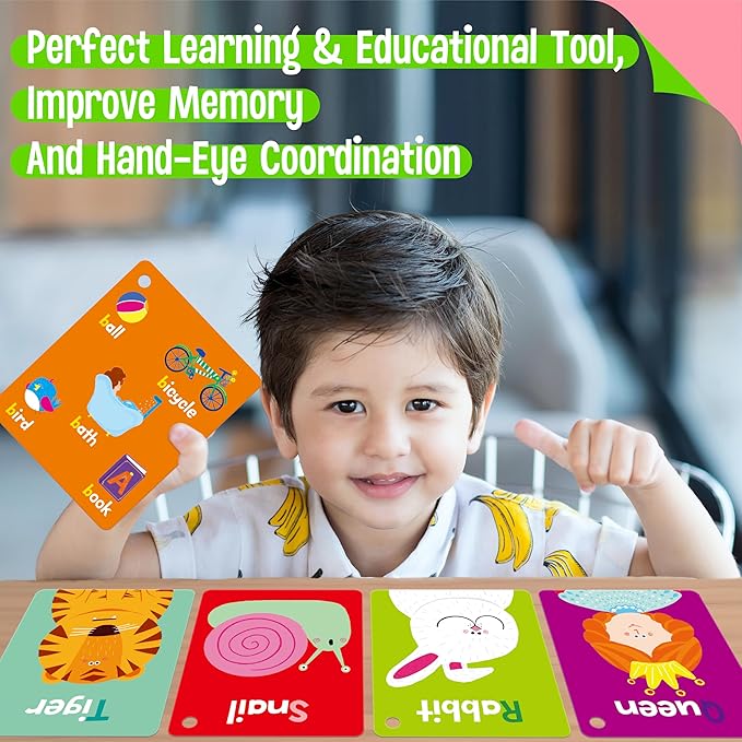 106 PCS Early Learning Flashcards, Double Sided Cards- Alphabet, Numbers, Foods, Animals, Shapes, Colors, Home Object with 4 Reclosable Rings, Learning Tool for Pre-K Kindergarten Toddlers