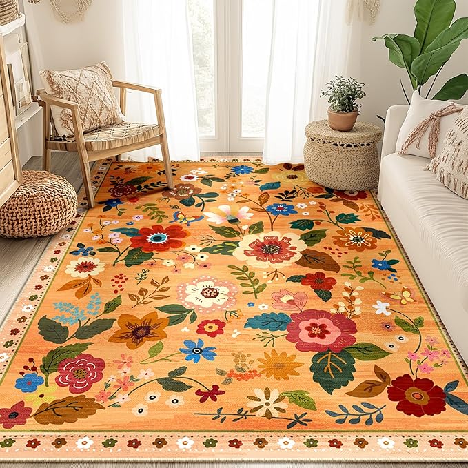 Floral 4x6 Area Rug Machine Washable Soft Print Boho Carpet Non Slip Doormat Low Pile Flower Area Rugs for Living Room Bedroom Nursery Kitchen Dining Room Indoor-Yellow/Orange