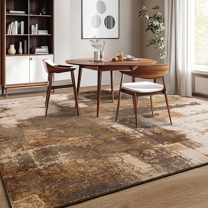 Kelarea Living Room Rug, 6x9 Rug Modern Abstract Washable Rugs Brown Faux Wool Vintage Carpets, Non Slip Rug for Bedroom, Dining Room, College Dorm, Kids Playroom, Home Office