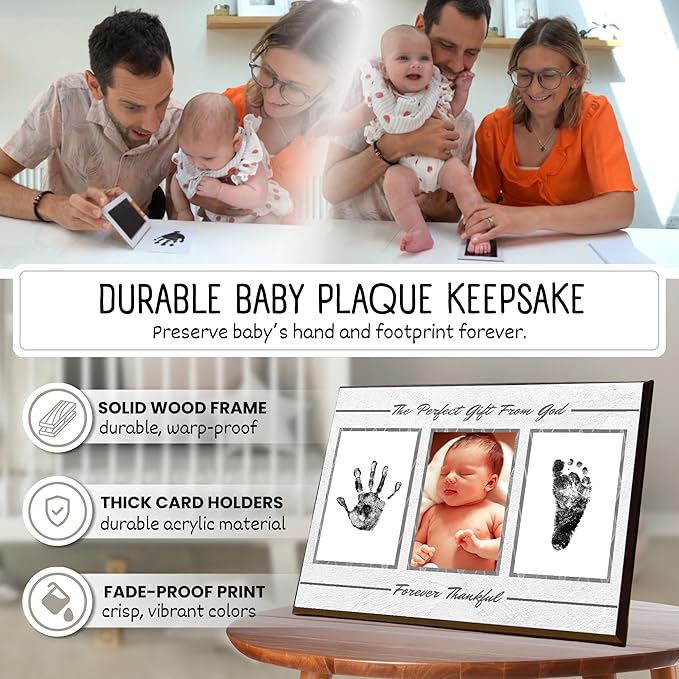 Baby Hand and Footprint Kit with Photo & Birth Details, Inkless Hand and Footprint Kit, Newborn Keepsake Plaque, Baby Shower Gifts (STYLE 2 (Baby Shower) (Gift From God))