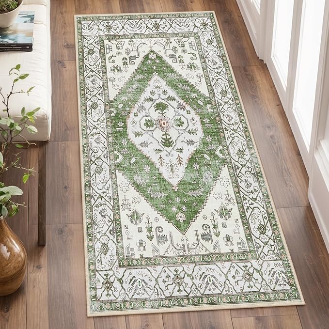 Lahome Boho Washable Hallway Runner Rug - 2x4 Rugs for Bedroom Non-Slip for Entrance (Green, 2'x4')