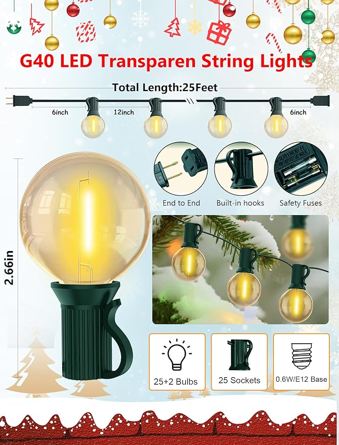 25FT LED Outdoor Christmas String Lights Waterproof, Hanging G40 Globe Patio Lights with 27 LED Shatterproof Warm White Bulbs, Outdoor Christmas Decorations Light for Wedding Party Backyard, Green