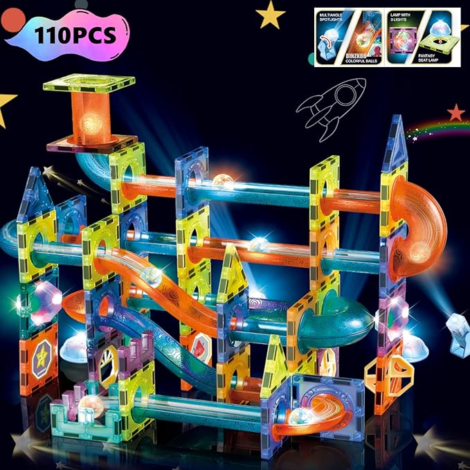 BINZKBB Light Magnetic Tiles Building Blocks for Kids,3D Clear Educational STEM Building Toys,Magnetic Marble Run Blocks Toys for Kids Ages 3 4 5 6 7 8 10+Year Old Boys Girls Creative Gift(110 PCS)