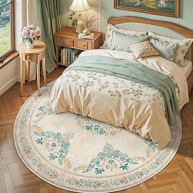 jinchan Round Rug 8ft Area Rugs,Vintage Floral Distressed Design Machine Washable Soft Non-Slip Low-Pile Ultra-Thin Circle Rug for Living Room Dining Room Bedroom Home Office (8' Round,Apricot Multi)