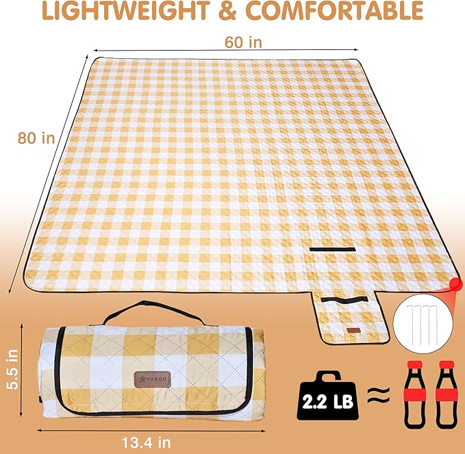 HX&OD Outdoor Picnic Blanket, Extra Large, 80''x60'' Waterproof Foldable Blankets Gingham Picnic Mat for Beach, Camping Grass Lawn Park Accessories Cute Couple Ideas Wedding (Yellow, 80”x60”)
