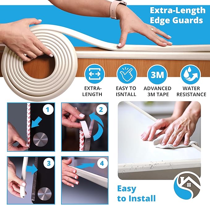 Premium 12ft Edge Protector for Baby, Odorless & Waterproof Edge Protector with 3M Adhesive Tape, Non-Toxic to Baby Proof Corners and Edges, Wall Corner Protector & Desk Edge Cushion White