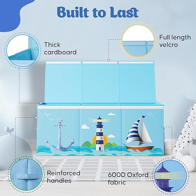 Extra Large Collapsible Sturdy Toy Storage Organizer with Lids, Ocean Theme Toy Box for Boys & Girls, 40"x16"x16", Modern, Blue