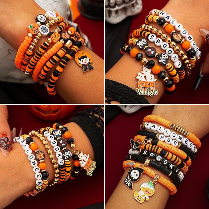 2088pcs Halloween Polymer Clay Beads Bracelet Making kit, 24 Style Cute Fun Beads Skull Pumpkin Beads Charms for Jewelry Necklace Earring Making DIY Accessories for Women Girls